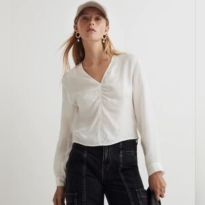 Madewell Brushed Ruched-Front V-neck Top Satin White Womens 00 NWT Office Casual